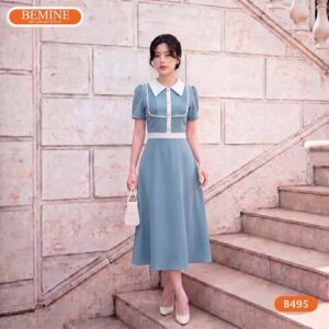 Đầm thiết kế BEMINE B495 cổ đức đính cúc thanh lịch.