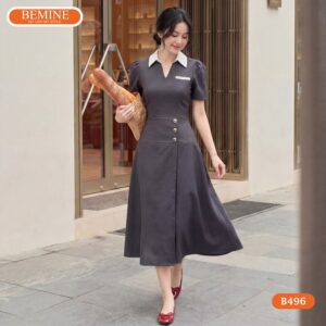 Người mẫu diện đầm chữ a cổ sơ mi BEMINE mã số B496.