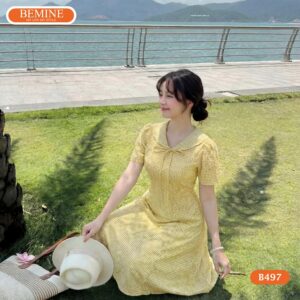 Hình ảnh thực tế đầm chữ A cổ thủy thủ nơ caro mã B497.