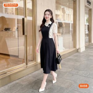 Hình ảnh thực tế đầm chữ a phối tơ BEMINE mã số B498.