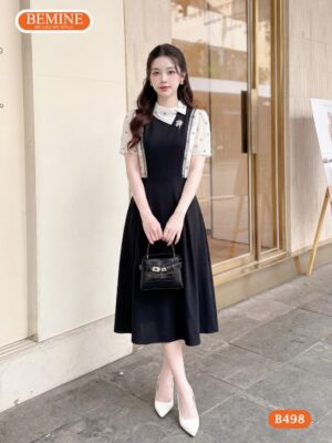 Đầm thiết kế BEMINE B498 cổ đức lệch phối tơ thanh lịch.