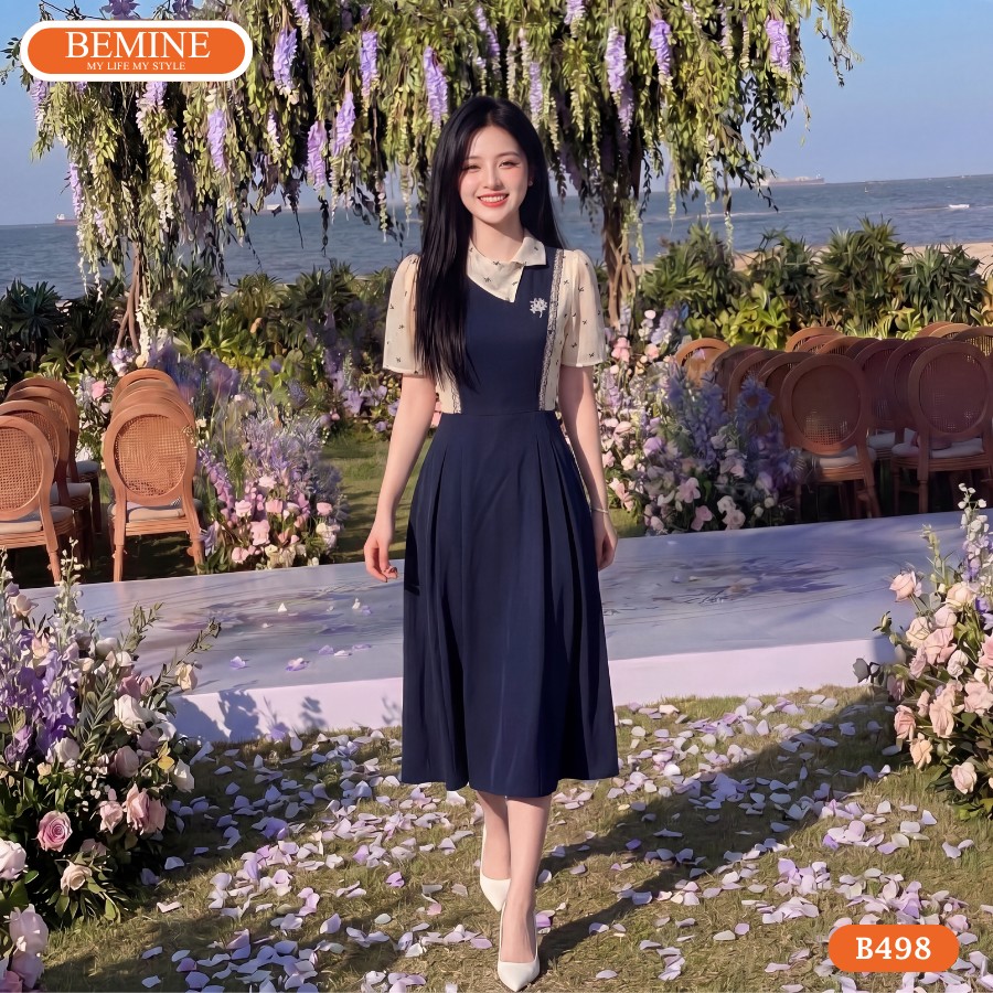 Phối đồ đi biển cho nữ với đầm thiết kế BEMINE dáng xòe.