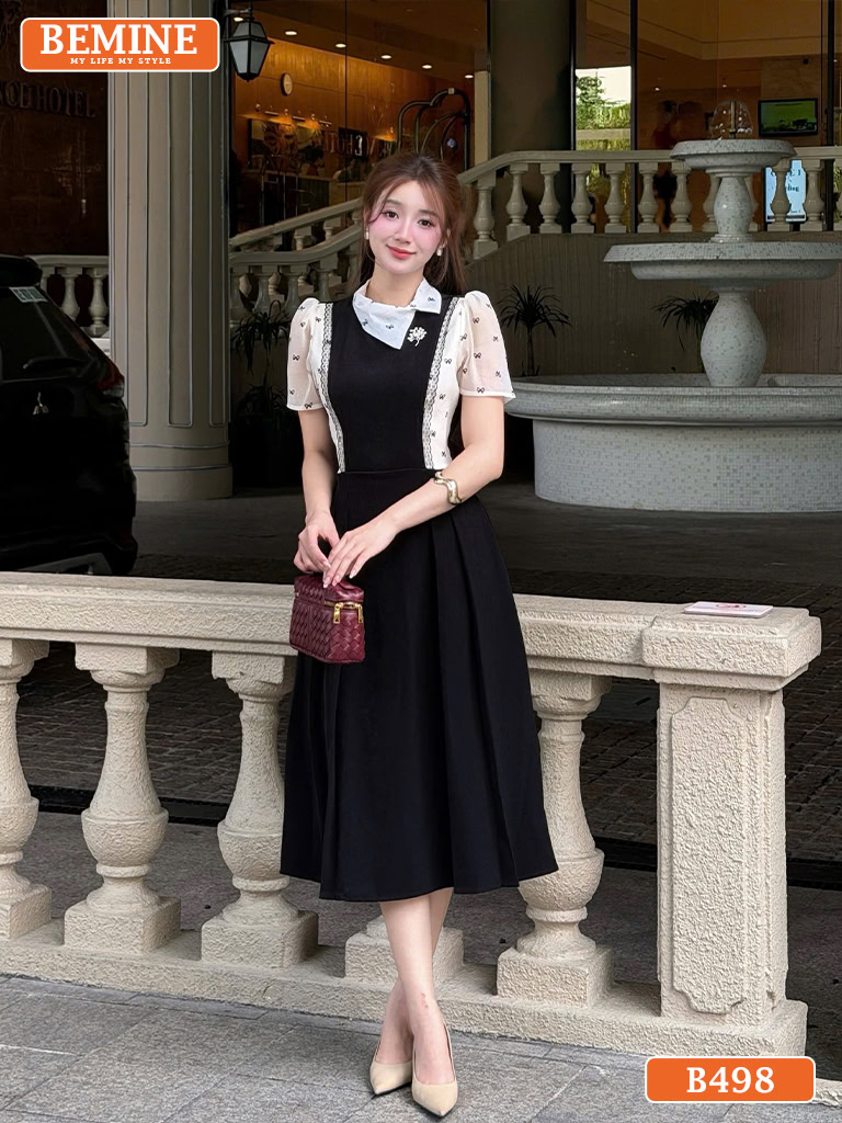 Phối đồ với đầm đen BEMINE cùng phụ kiện sang trọng.