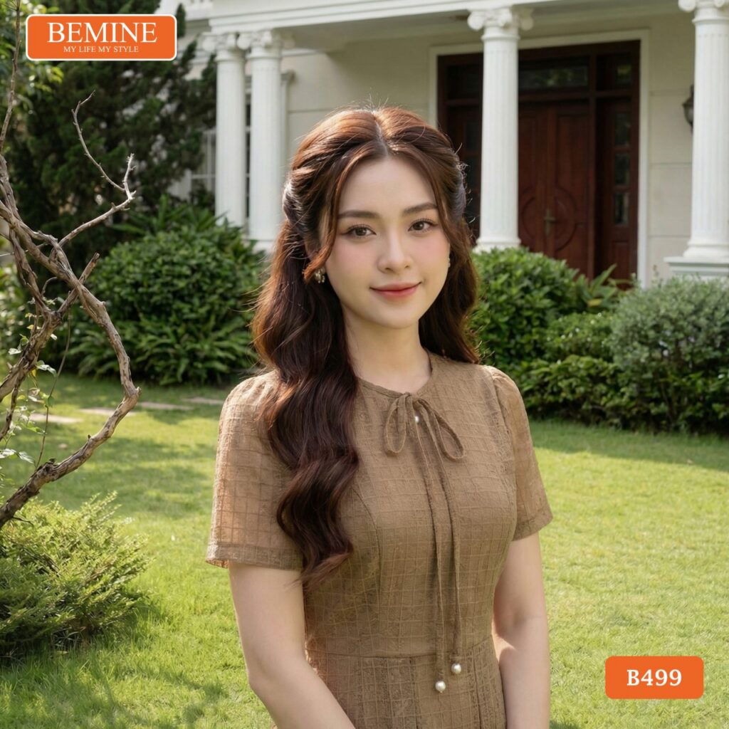Đầm thiết kế BEMINE dáng chữ a cổ tròn có dây nơ B499 là sự kết tinh giữa chất liệu ren hoa mai tinh xảo