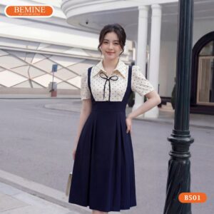 Mẫu đầm thiết kế BEMINE B501 phối chấm bi giả yếm độc đáo.