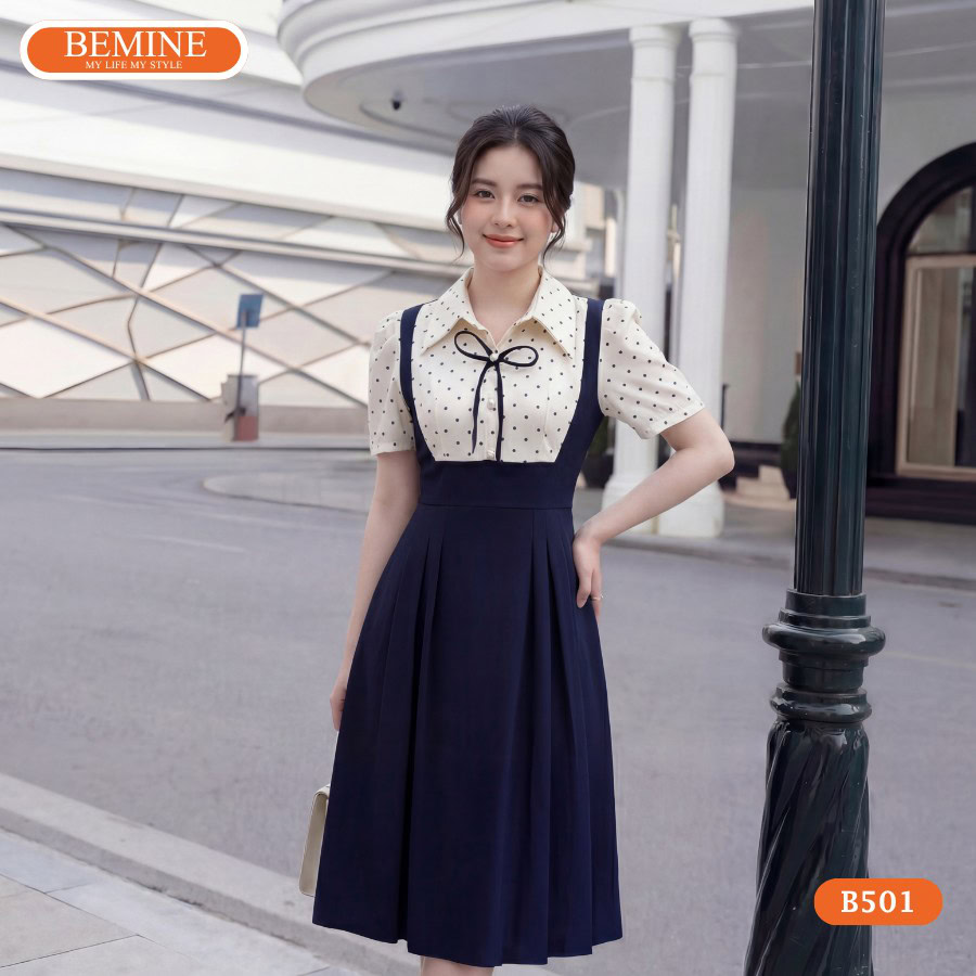 Mẫu đầm thiết kế BEMINE B501 phối chấm bi giả yếm độc đáo.