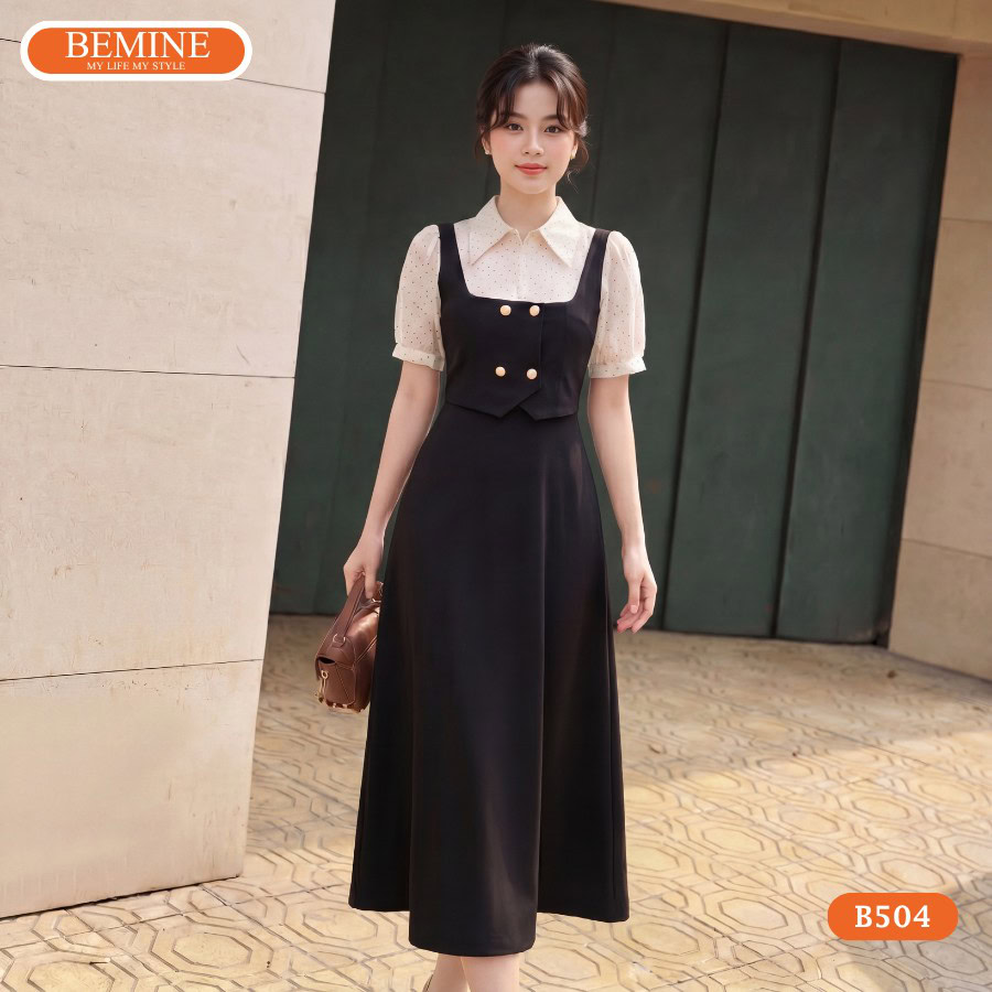 Thiết kế cổ đức trang trọng trên mẫu đầm chữ A mã B504.