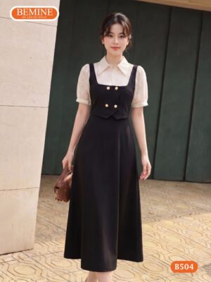 Mẫu đầm thiết kế BEMINE B504 phối tơ ô vuông giả yếm độc đáo.