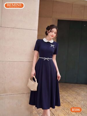 Đầm Thiết Kế BEMINE Chữ A Cổ Sen Nơ Sọc Công Sở Đẹp B506