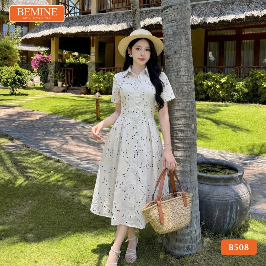 Mẫu đầm thiết kế BEMINE cổ sơ mi in hoa dáng dài B508 đầy cuốn hút