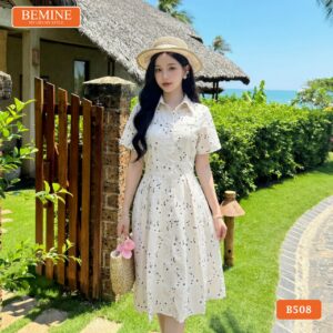 Mẫu đầm in hoa sang trọng trên nền vải cao cấp mã BEMINE B508.