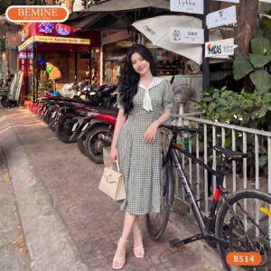 Hình ảnh thực tế đầm caro BEMINE B514 chuẩn phom dáng đẹp.