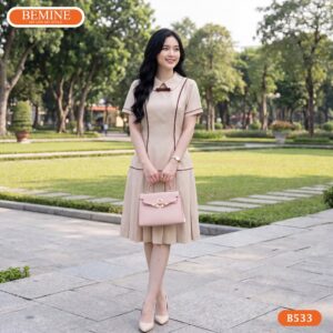 Hình ảnh thực tế đầm xếp ly BEMINE B533 chuẩn phom dáng.