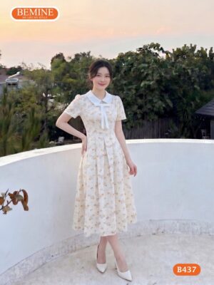 Đầm thiết kế BEMINE B537 dáng dài cổ sen thêu hoa đẹp.
