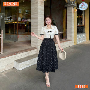 Đầm Thiết Kế BEMINE Cổ Sơ Mi Phối Nơ In Bi Dáng Dài B539