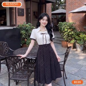 Hình ảnh thực tế đầm cổ tròn in bi BEMINE mã sản phẩm B539.