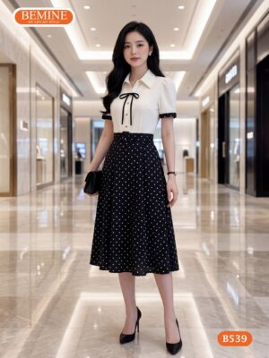 Đầm Thiết Kế BEMINE Cổ Sơ Mi Phối Nơ In Bi Dáng Dài B539 hình ảnh