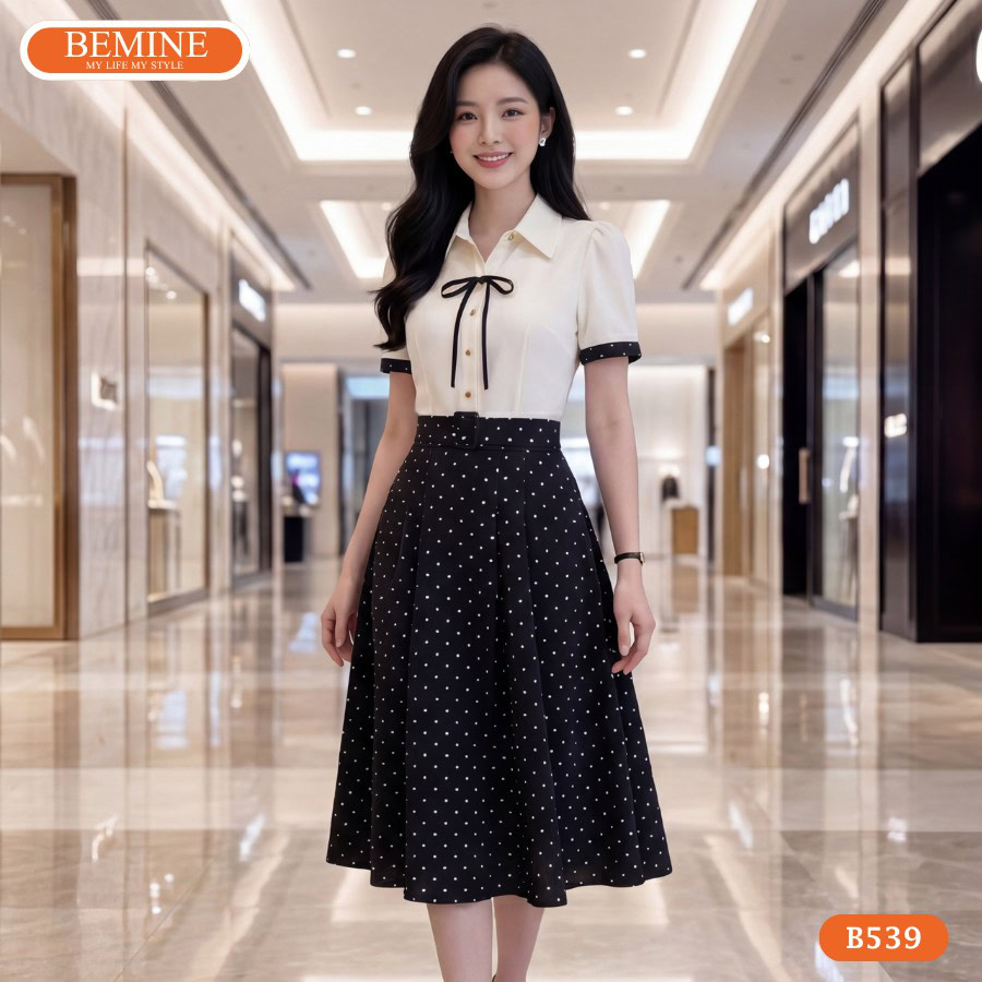 Đầm xòe xếp ly BEMINE phù hợp đi làm và đi tiệc sang trọng.