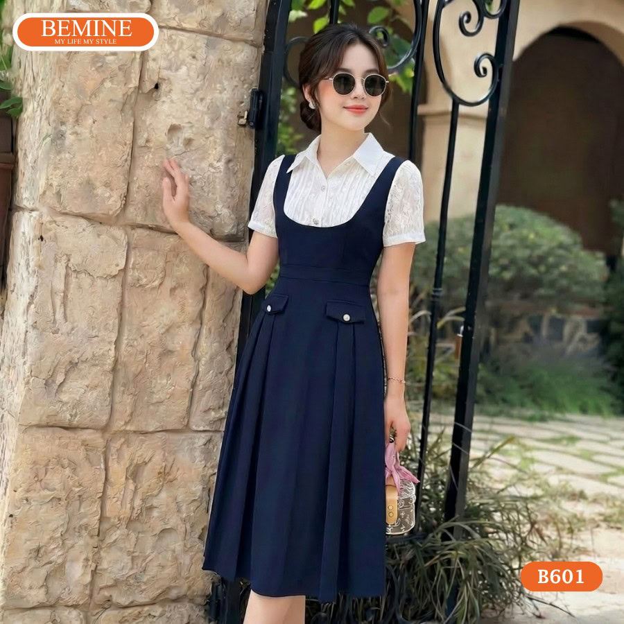 Người mẫu diện đầm BEMINE B601 chất liệu phối tơ hoa nữ tính.