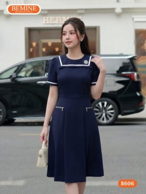 Đầm thiết kế BEMINE Chữ A Cổ Tròn Viền Trắng Thanh Lịch B606