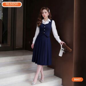 Hình ảnh thực tế đầm chữ a cổ sơ mi BEMINE mã số B607.