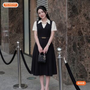 Hình ảnh thực tế đầm chữ A phối giả yếm BEMINE mã số B608.
