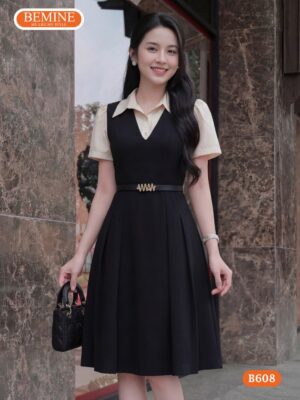 Đầm thiết kế BEMINE Chữ A Cổ Sơ Mi Phối Giả Yếm B608