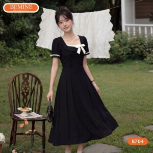 Hình ảnh thực tế đầm chữ a phối viền nơ BEMINE mã B704.