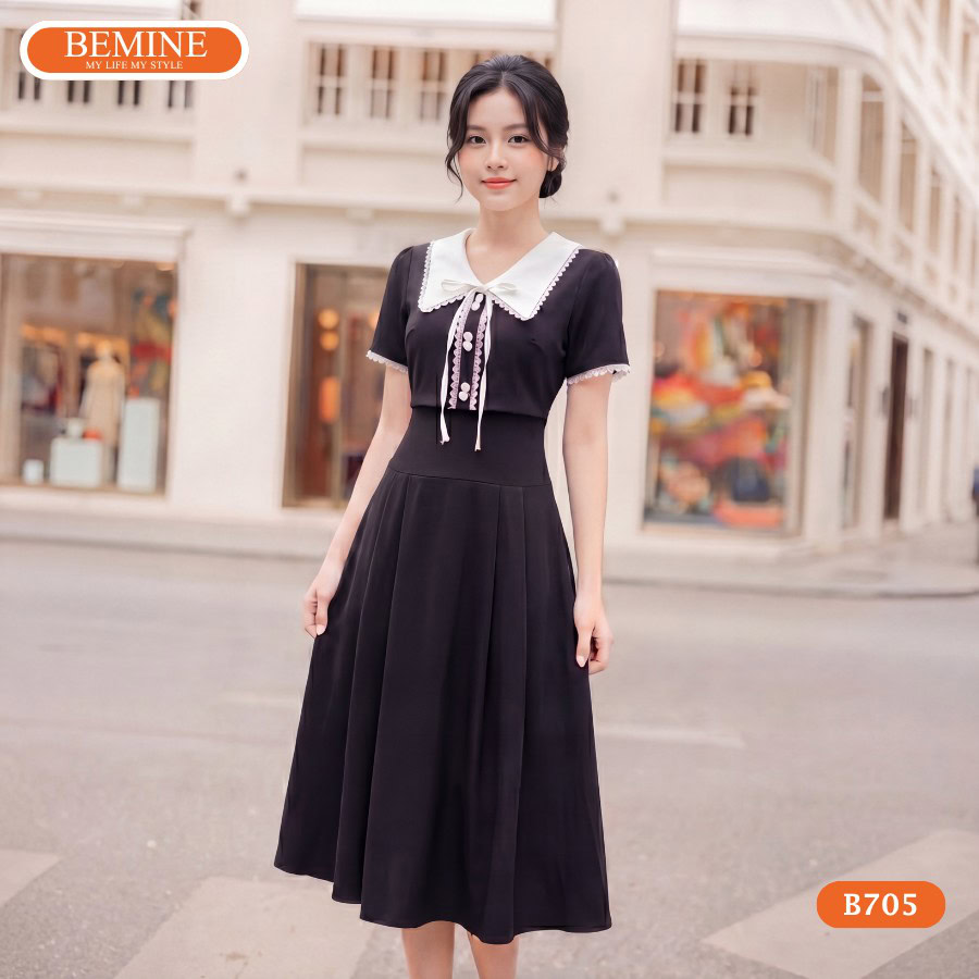 Chất liệu vải cao cấp phối ren của mẫu đầm BEMINE B705.