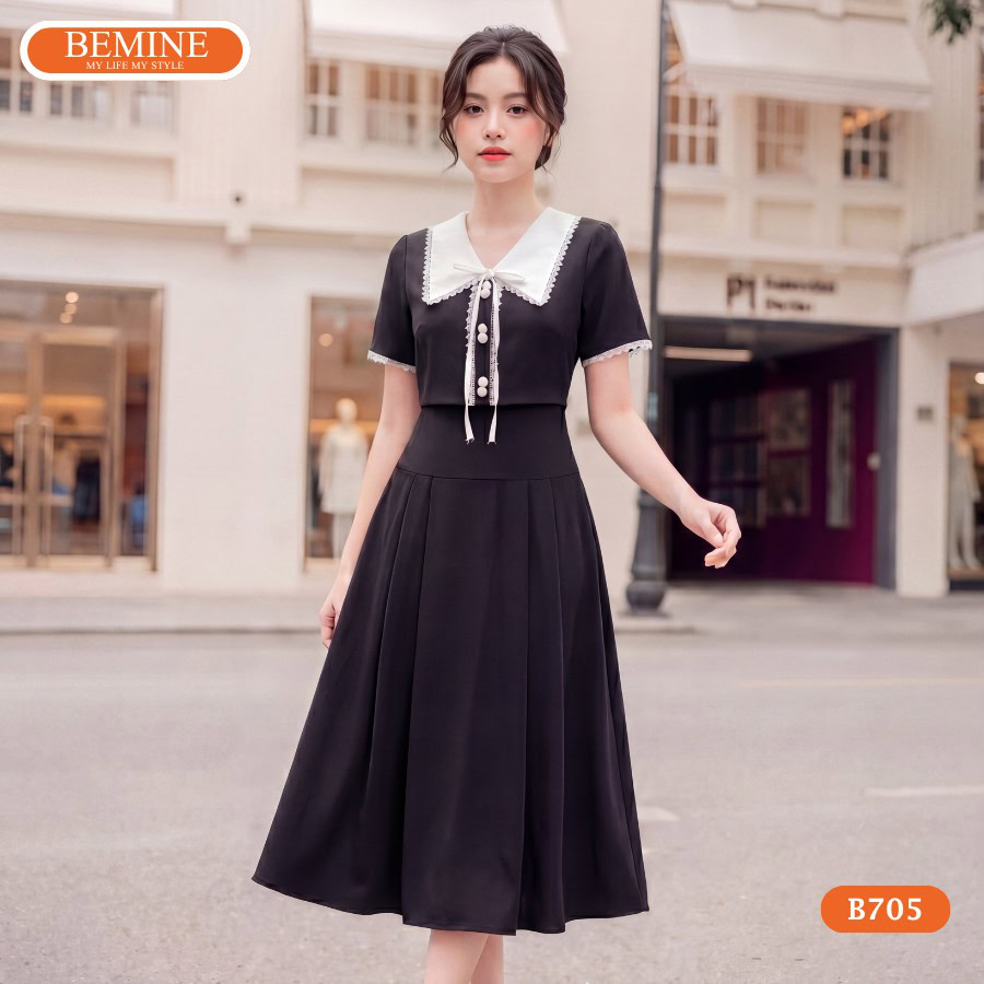 Chi tiết phối viền ren tinh tế trên mẫu đầm công sở B705.