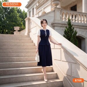 Cận cảnh chất vải tốt và đường may sắc sảo của mẫu đầm B706.