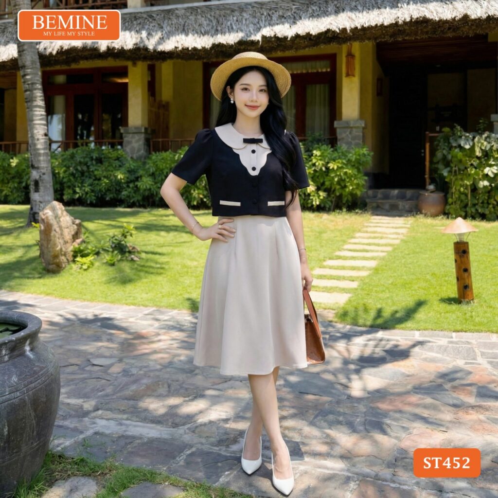 Set BEMINE ST452 chân váy chữ a dáng dài tôn dáng hiệu quả.
