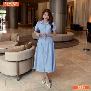 Đầm thiết kế BEMINE cổ sen kèm đai eo kẻ sọc dáng chữ A B554 - thời trang công sở