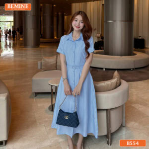 Đầm thiết kế BEMINE cổ sen kèm đai eo kẻ sọc dáng chữ A B554 - váy công sở