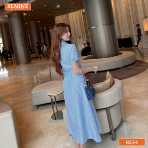 Đầm thiết kế BEMINE cổ sen kèm đai eo kẻ sọc dáng chữ A B554 - thời trang trung niên