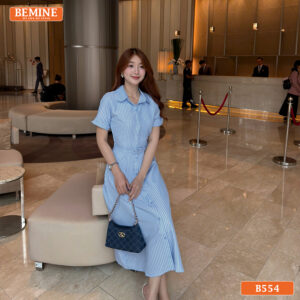 Đầm thiết kế BEMINE cổ sen kèm đai eo kẻ sọc dáng chữ A B554 - thoi trang cong so