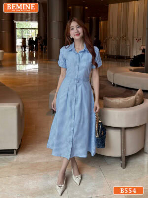 Đầm thiết kế BEMINE cổ sen kèm đai eo kẻ sọc dáng chữ A B554 - BEMINE fashion