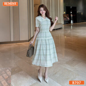Đầm thiết kế BEMINE cổ nơ kẻ sọc dáng chữ A B707