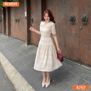 Đầm thiết kế BEMINE cổ nơ kẻ sọc dáng chữ A B707