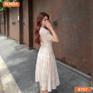 Đầm thiết kế BEMINE cổ nơ kẻ sọc dáng chữ A B707