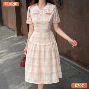 Đầm thiết kế BEMINE cổ nơ kẻ sọc dáng chữ A B707