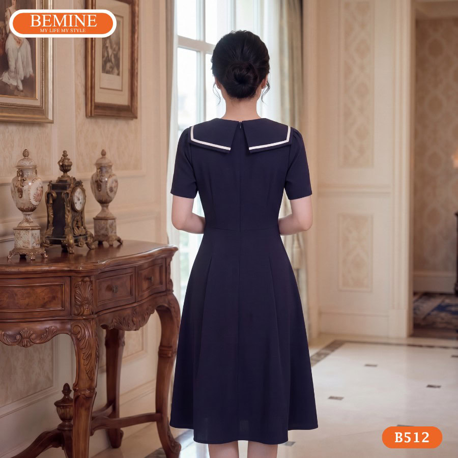 Đầm thiết kế BEMINE cổ thủy thủ viền trắng dáng chữ A B512 5 Cận cảnh đường may sắc sảo của mẫu đầm BEMINE B512.