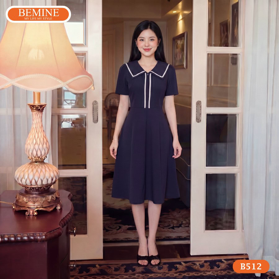 Đầm thiết kế BEMINE cổ thủy thủ viền trắng dáng chữ A B512 1 Mẫu đầm thiết kế BEMINE cổ thủy thủ viền trắng chữ A B512 giúp Chị tự tin tỏa sáng từ nơi làm việc