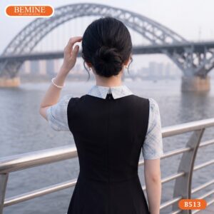 Cận cảnh đường may sắc sảo của mẫu đầm phối caro BEMINE B513.