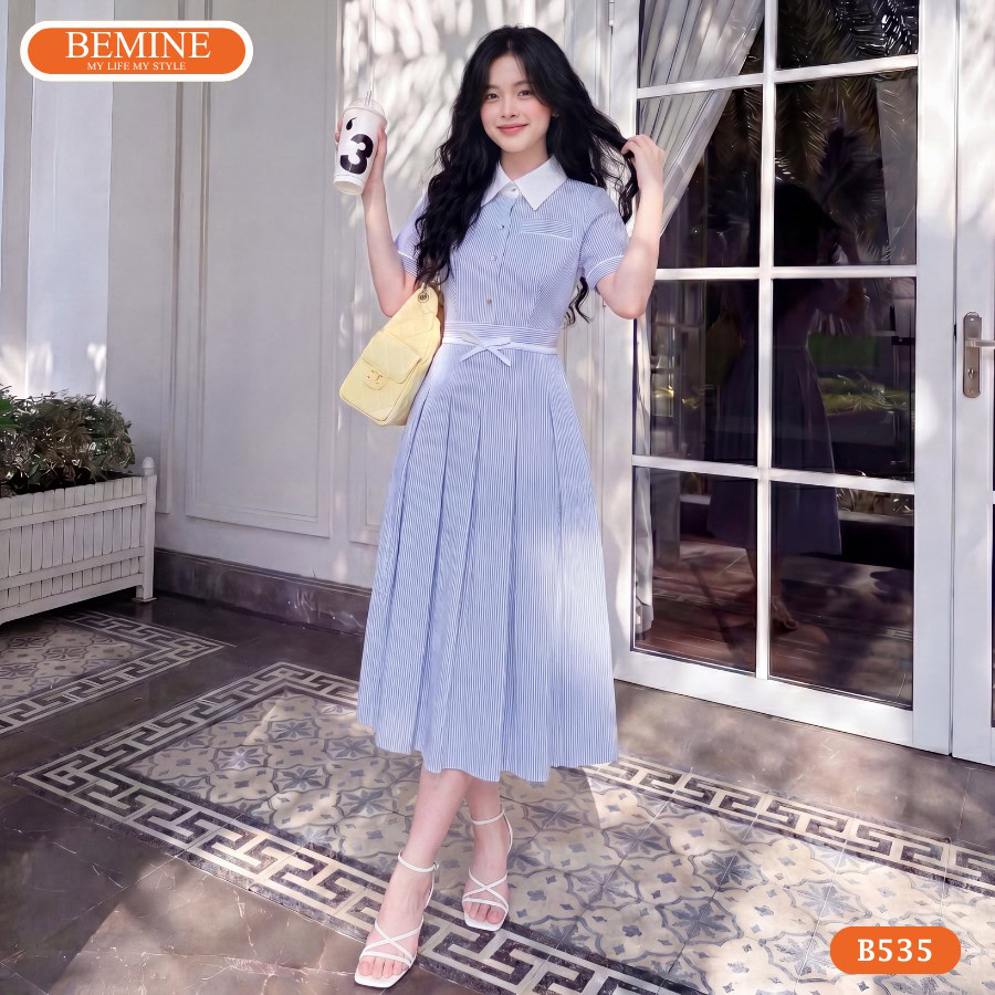 Mẫu đầm chữ a BEMINE B535 chất liệu kate sọc cao cấp.