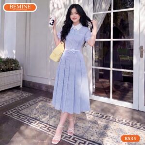 Đầm thiết kế BEMINE B535 cổ đức kẻ sọc thanh lịch.