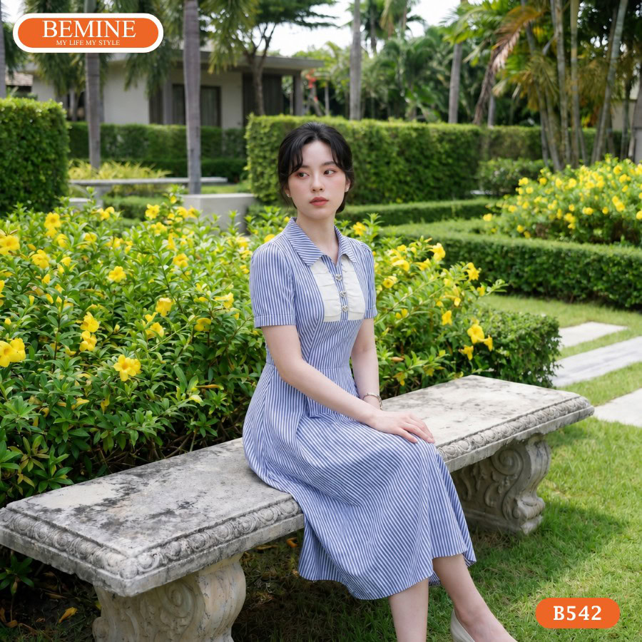 Đầm thiết kế BEMINE cổ sơ mi kẻ sọc dáng chữ A B542 4 Hình ảnh thực tế đầm công sở BEMINE B542 phom dáng chuẩn.
