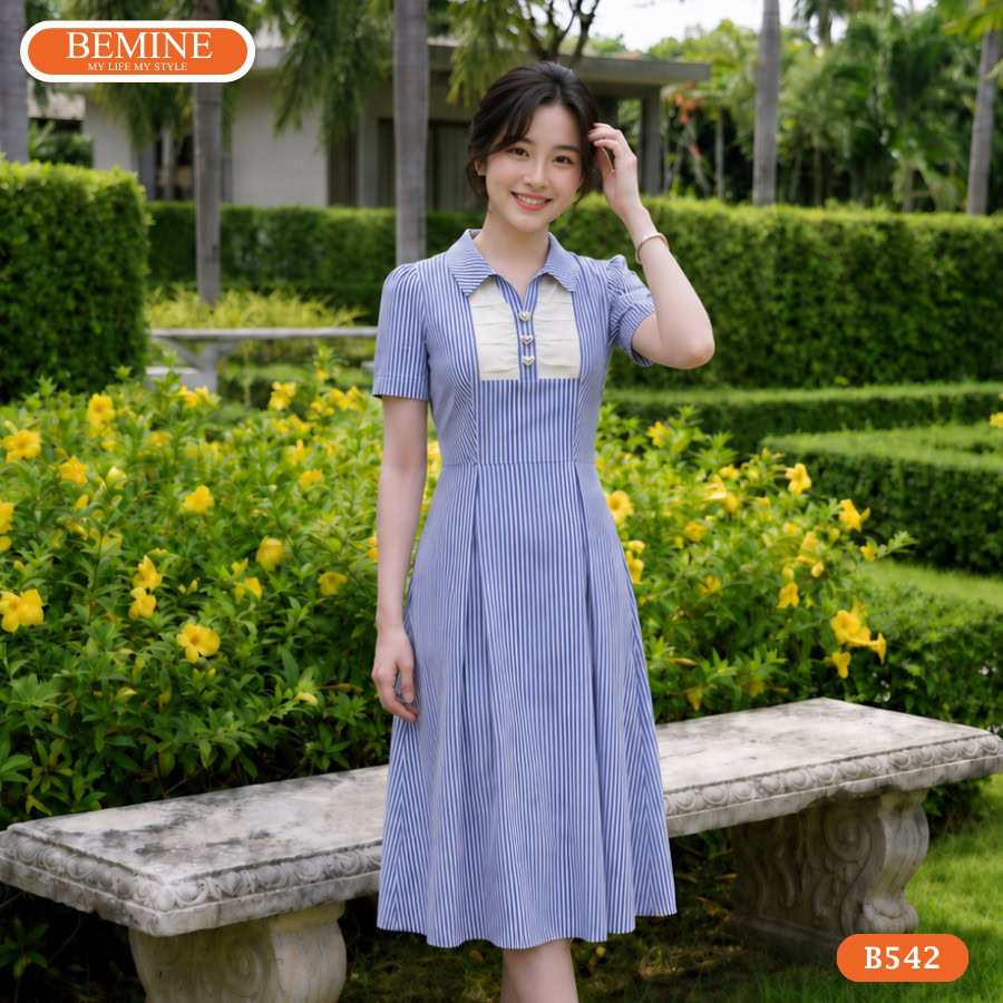 Đầm thiết kế BEMINE cổ sơ mi kẻ sọc dáng chữ A B542 3 Mẫu đầm chữ a BEMINE B542 giúp tôn dáng và che bụng hiệu quả.