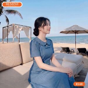 Cận cảnh đường may sắc sảo trên mẫu đầm denim BEMINE B548.