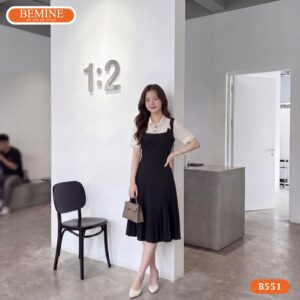 Hình ảnh thực tế đầm cổ sơ mi voan bi BEMINE mã B551.